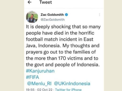 Menteri Inggris Ucapkan Belasungkawa Lewat Akun Twitter Atas Tragedi  kerusuhan Suporter di Kanjuruhan